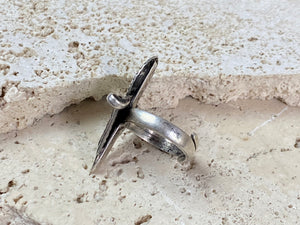 Stunning silver tribal ring from Rajasthan, India. High grade silver. Adjustable back so it will fit a number of finger sizes. Measurements:  Ring face: 3.4 x 2.8 cm Size: Anywhere from size 6 to size 8, this ring is adjustable