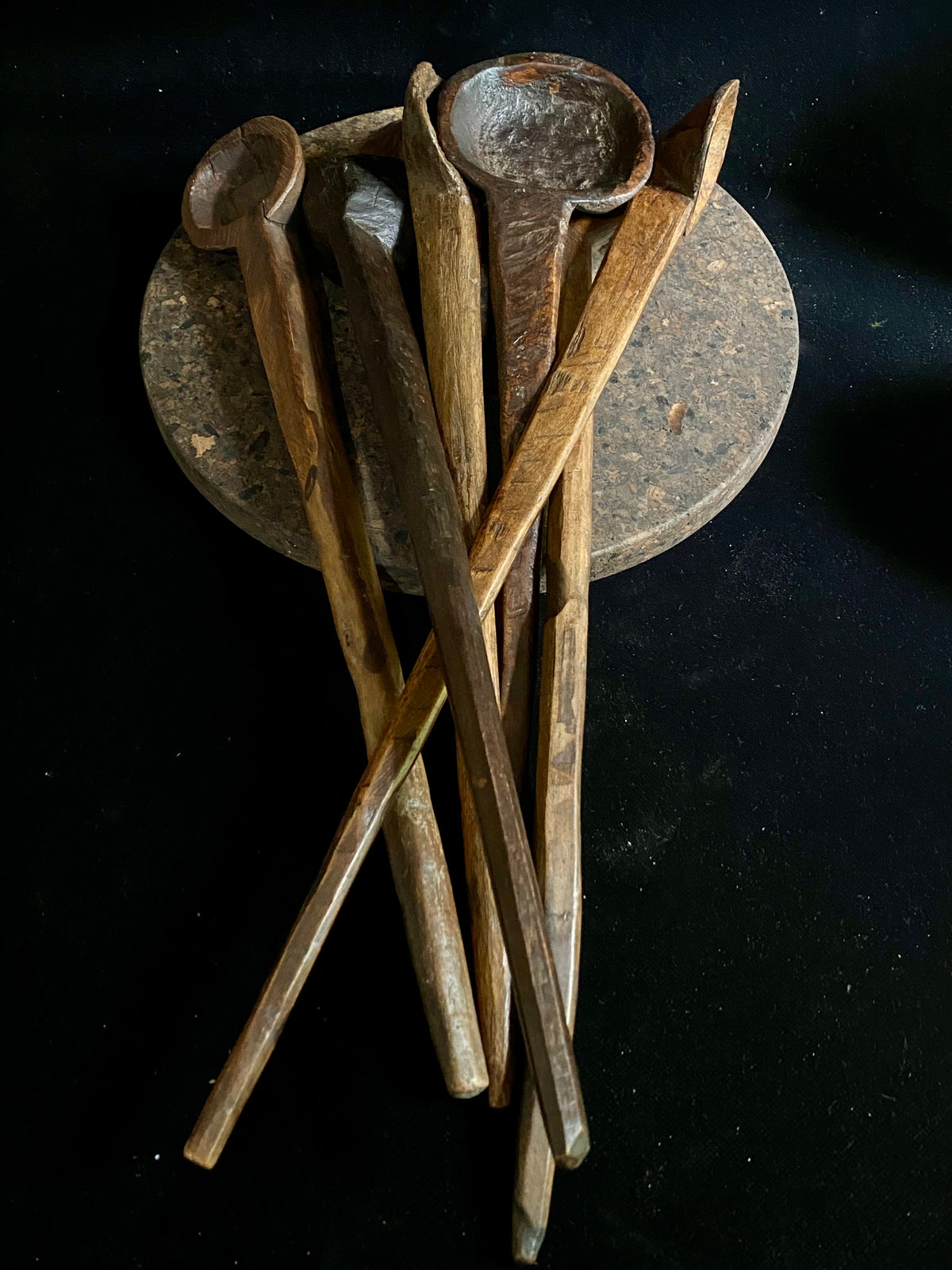 Vintage wood serving spoons or ladle, often used to serve dhal and biriyani dishes. Hand carved hardwood, mostly teak. From northern India. Our spoons have a lovely worn patina commensurate with their age. Each piece is hand carved, unique and artisan made. Measurements: length 35-40 cm, width of spoons 7-9 cm.