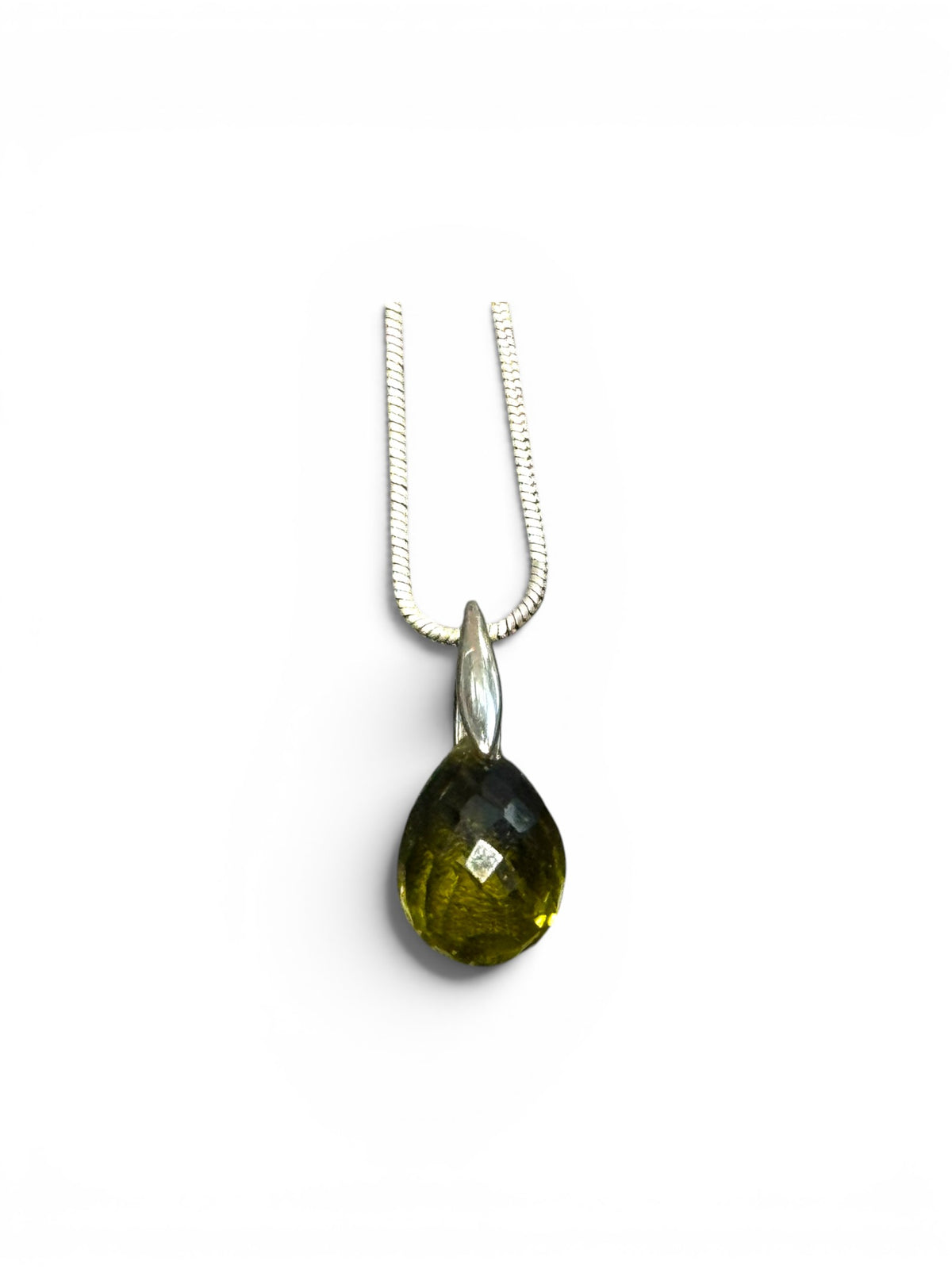 Simple teardrop green amethyst pendant features a facet cut gem quality stone with an elegant sterling silver mount. Height 2.3 cm including hook