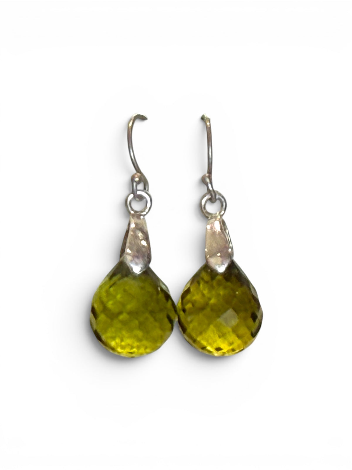 Elegant teardrop green amethyst earrings featuring facet cut gem quality stones with sterling silver mounts and hooks. Height 2.7 cm including hook