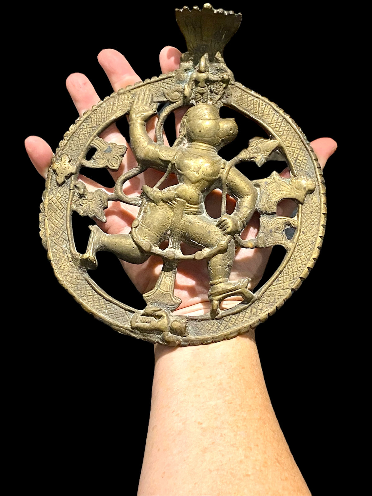 Very large and rare Hanuman pectoral plaque, worn by Hanuman devotees in the south of India. Early 20th century, height 19 cm, width 16.5 cm