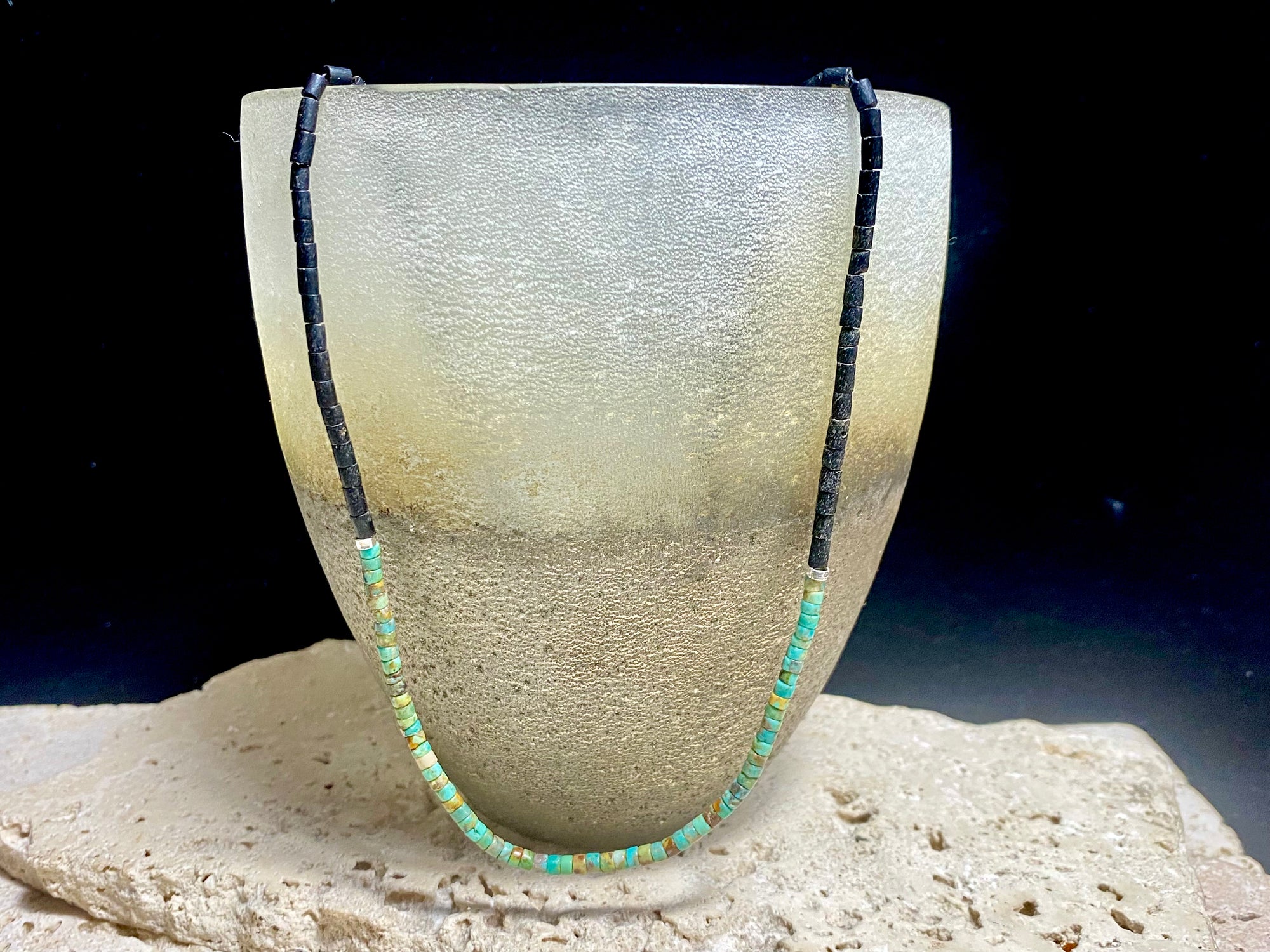 Necklace crafted from natural black Afghan serpentine and Hubei turquoise. Sterling silver clasp. Our necklace has a boho vibe and is unisex. Length 48 cm