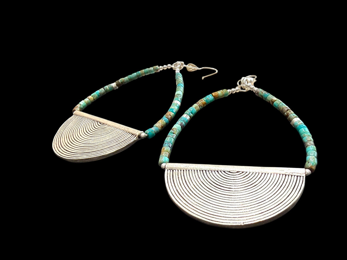 Heshi-cut Hubei turquoise and vintage silver. Sterling silver hooks. Our statement earrings are tribally inspired and very different. Length 8.5 cm, width 5 cm