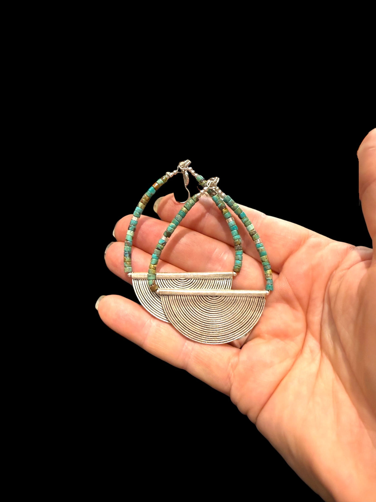 Heshi-cut Hubei turquoise and vintage silver. Sterling silver hooks. Our statement earrings are tribally inspired and very different. Length 8.5 cm, width 5 cm