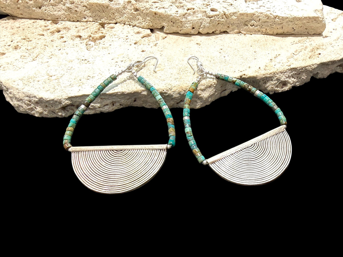Heshi-cut Hubei turquoise and vintage silver. Sterling silver hooks. Our statement earrings are tribally inspired and very different. Length 8.5 cm, width 5 cm