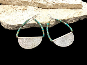 Heshi-cut Hubei turquoise and vintage silver. Sterling silver hooks. Our statement earrings are tribally inspired and very different. Length 8.5 cm, width 5 cm