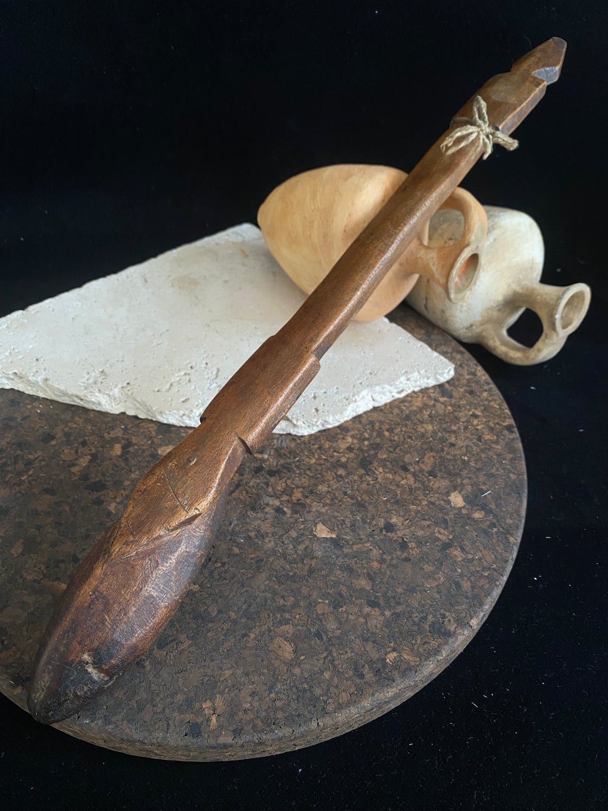 Very old wood serving spoon or ladle. Hand carved fine grained wood. From northern Ethiopia.This spoon has a lovely worn patina commensurate with its age. The spoon end is darkened from use in or near an open fire. Early 20th century. Length 44.5 cm