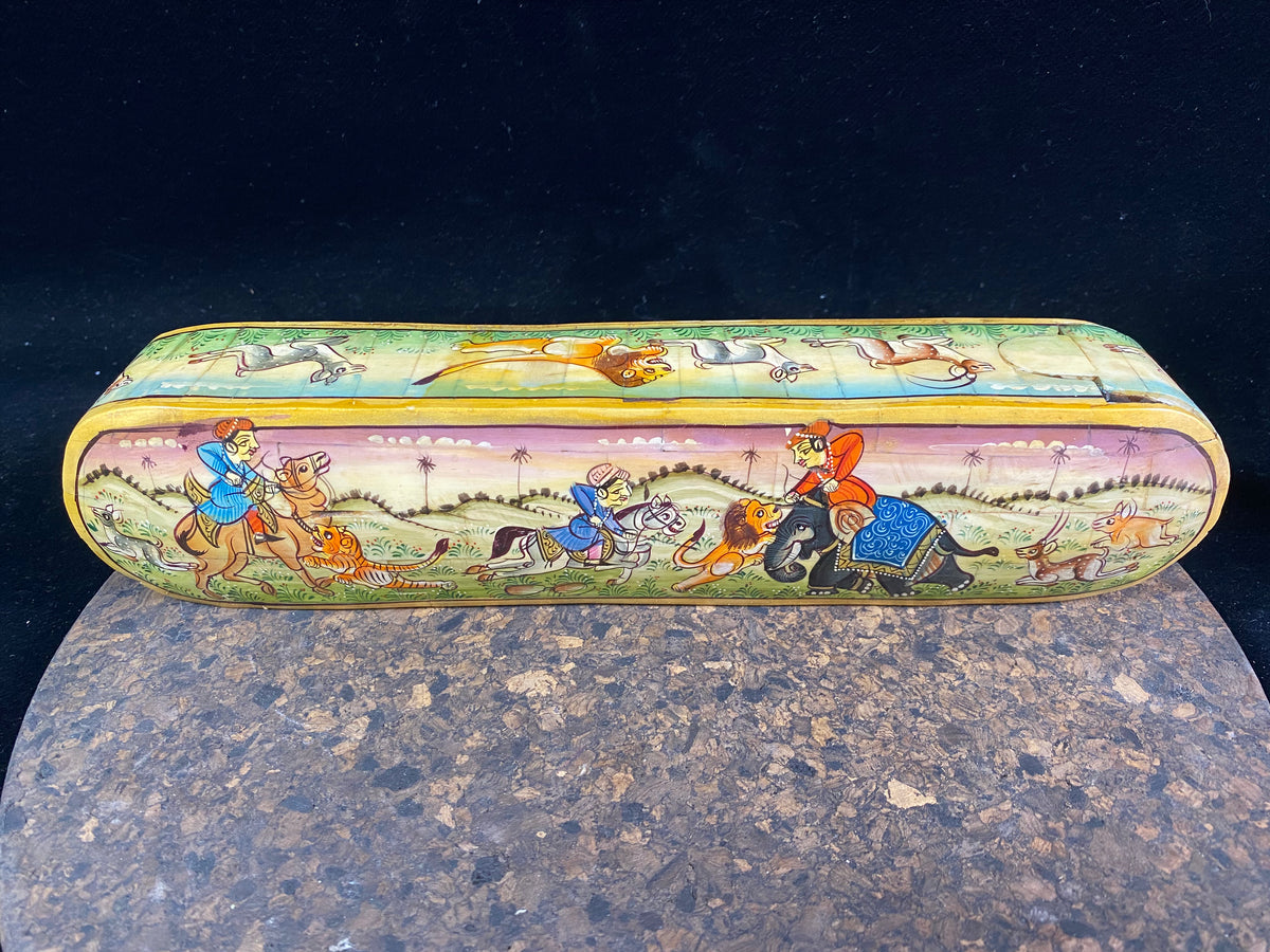 traditional Indian pen boxes. Crafted from panels of camel bone over wood, fitted together then painted with detailed scenes. Length 28 cm