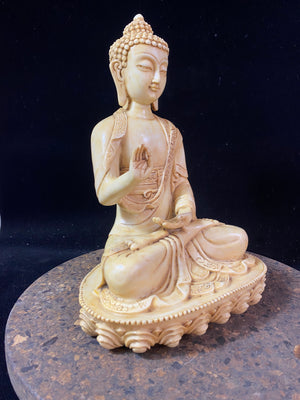 Amoghshiddhi Buddha cast in cream coloured resin. His right hand is held up facing outwards in the gesture of protection of fearlessness while his left hand sits in his lap in the gesture of meditation. Cast in solid resin, then hand finished to a very high standard. Measurements: height 26 cm, width 18 cm, depth 12 cm