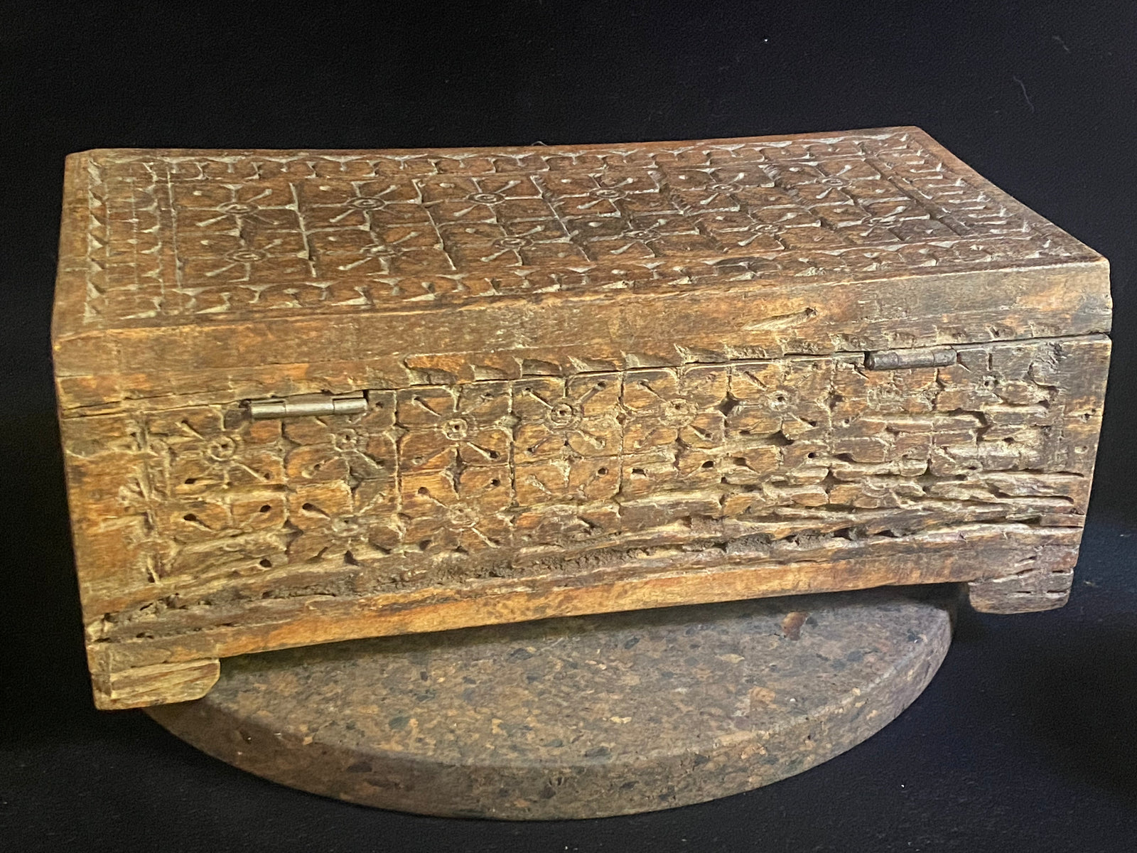 A lovely old Indian box, fully carved on all sides including the back. Made from teak. This would make a lovely trinket box, key box, jewellery, watch or cufflink box. Circa 1880 - 1920. Handmade in southern India. Measurements: length 30.5 cm&nbsp; x depth 15 cm, height 12 cm.