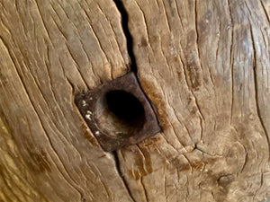 Antique solid teak wood cart wheel, rural India, early 20th century. Natural age and texture, central iron spoke hole and staples. Diameter 73 cm, depth 20 cm