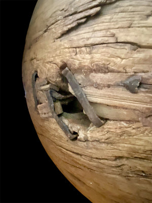 Antique solid teak wood cart wheel, rural India, early 20th century. Natural age and texture, central iron spoke hole and staples. Diameter 73 cm, depth 20 cm