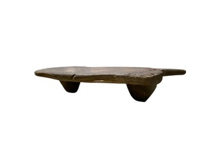 Antique low wood table, originally for bread cutting from Türkiye. Carved from a single piece of wood. Length 74 cm including handle, width 44 cm, height 14 cm.