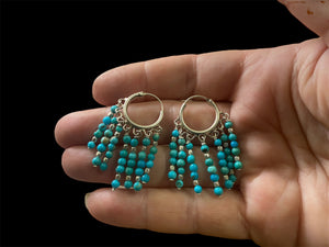 Petite Turquoise Fringe Silver Hoop Earrings