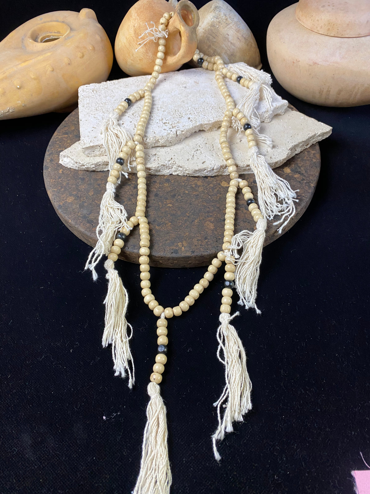 Women or men’s mala necklace. Made from lightweight wood, 108 beads and tasseled spacers. This is a light summer necklace that can be worn or simply hung as decoration. Total length 72 cm. Fits easily over the head. Wood beads 6 mm diameter