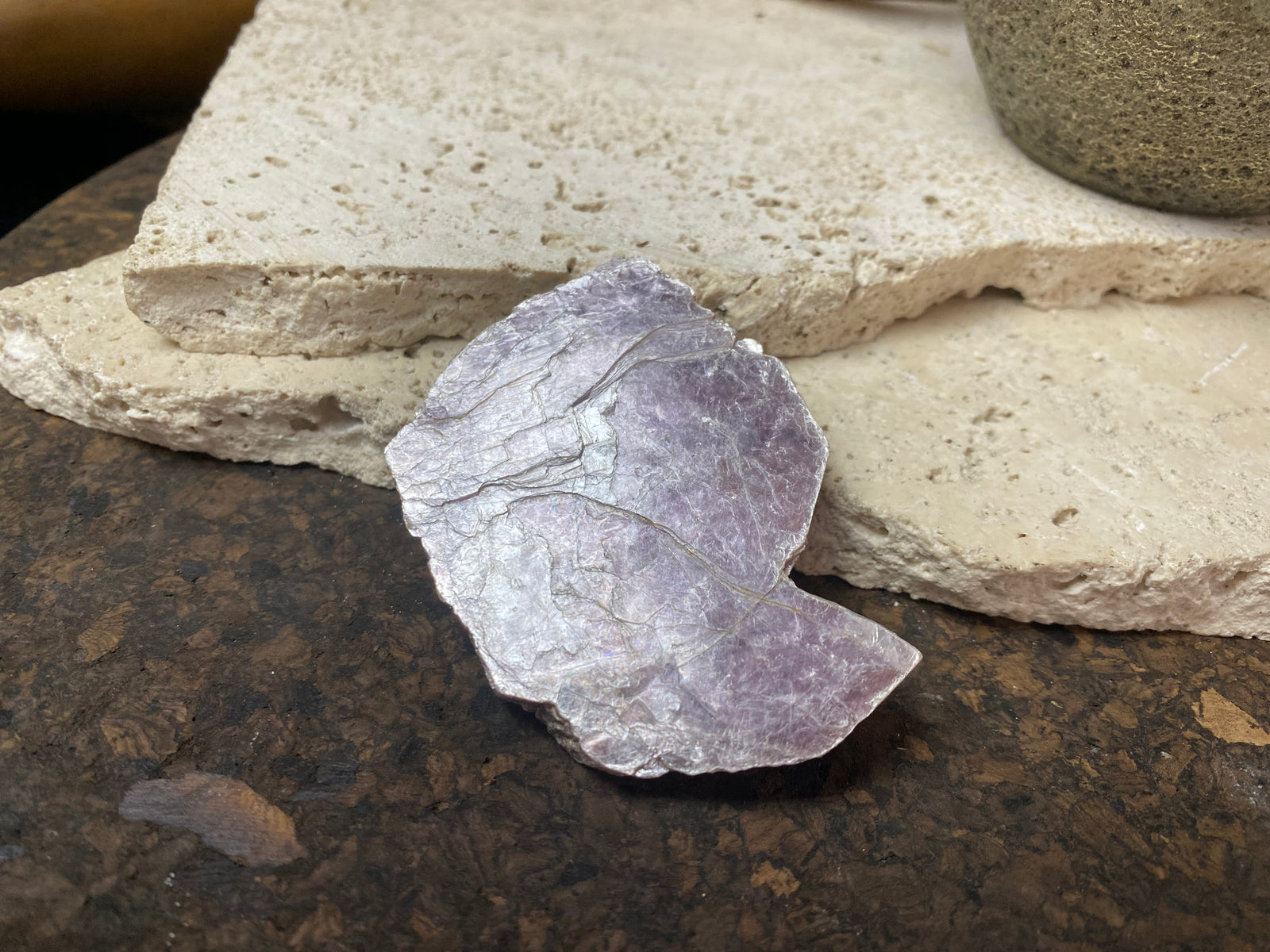 Natural lepidolite crystal.  Measurements: 7 cm x 4.5 x 0.5 cm
