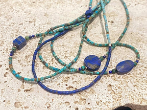 Fine necklace of lapis lazuli and turquoise hand cut beads, highlighted with sterling silver