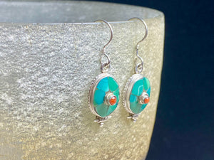 Classic Tibetan turquoise and sterling silver earrings. Length 3.5 cm including hook