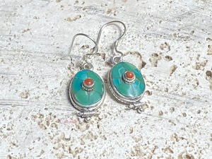 Classic Tibetan turquoise and sterling silver earrings. Length 3.5 cm including hook