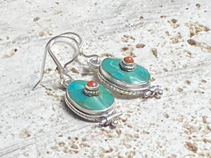 Classic Tibetan turquoise and sterling silver earrings. Length 3.5 cm including hook