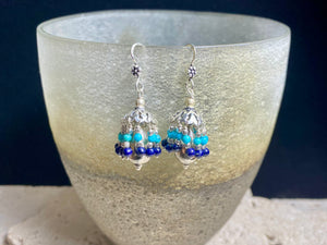 Tassel earrings, also called umbrella earrings or jhumpka earrings. Sterling silver, lapis lazuli and turquoise. Height .5 cm including hook