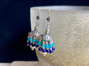 Tassel earrings, also called umbrella earrings or jhumpka earrings. Sterling silver, lapis lazuli and turquoise. Height .5 cm including hook