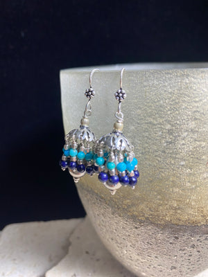 Tassel earrings, also called umbrella earrings or jhumpka earrings. Sterling silver, lapis lazuli and turquoise. Height .5 cm including hook