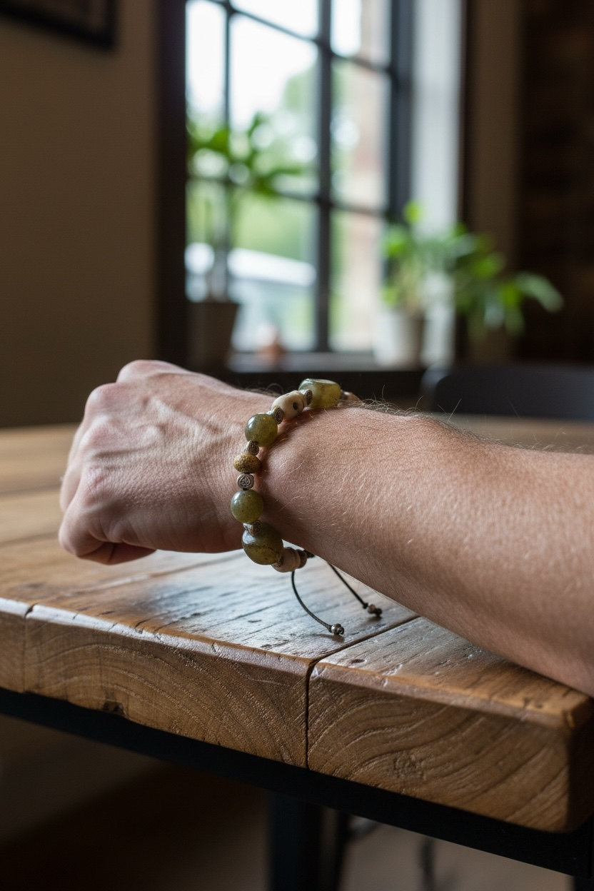 Heavy bracelet of carved yak bone, jasper, vintage Tibetan jade and Karen hill tribe silver. On waxed cord, adjustable, unisex. Length 18.5 cm, size 17 cm