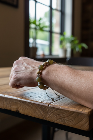 Heavy bracelet of carved yak bone, jasper, vintage Tibetan jade and Karen hill tribe silver. On waxed cord, adjustable, unisex. Length 18.5 cm, size 17 cm