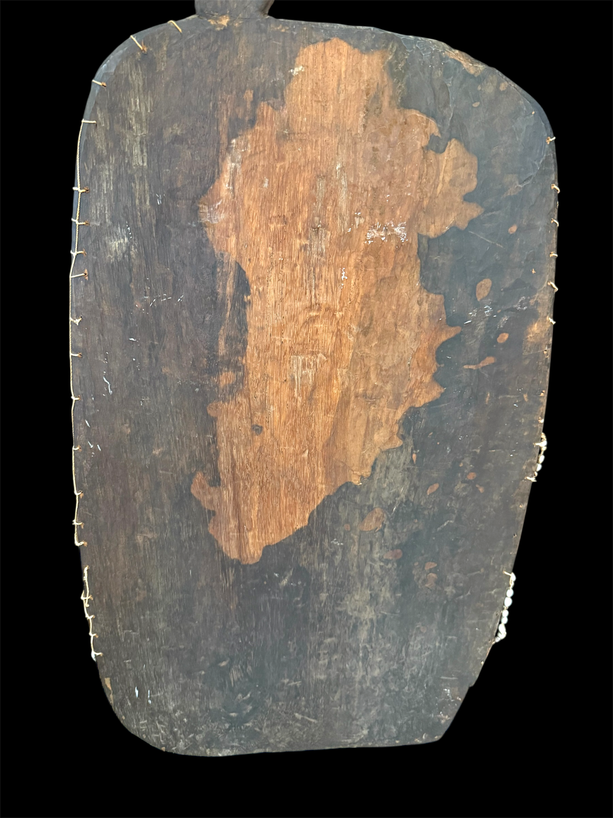 Asmat jungle hardwood shield. Wood carved and decorated with lime, ochre, charcoal, and shell beading. Central Asmat region, Irian Jaya (Indonesian Papua). Measurements: 104 cm x 39 cm, depth 17 cm