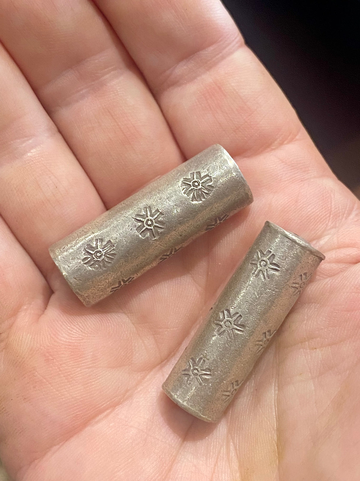 karen hill tribe silver barrel beads. heavy and substantial. Length 3.5 cm