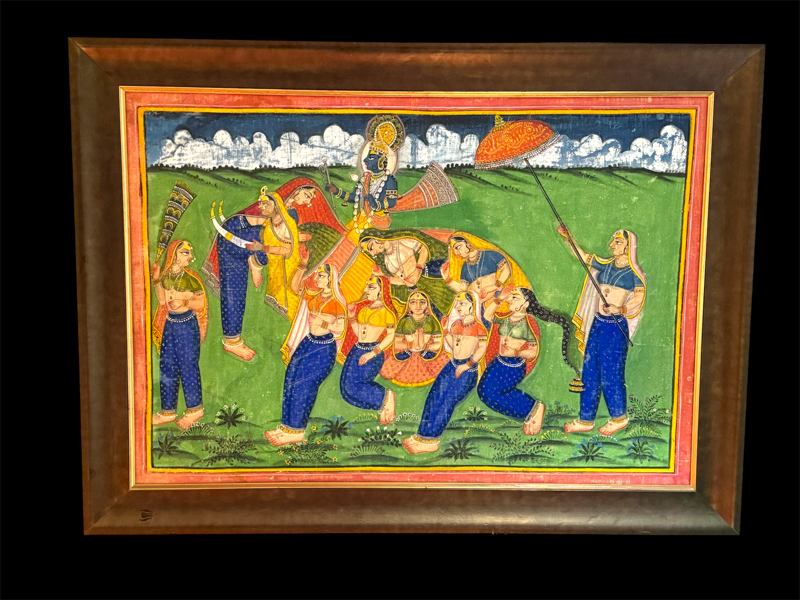Antique Pichwai Painting of Krishna and the the Nari Kunjar and Gopis. Circa 1900.&nbsp; Hand painted on stiffened cotton cloth with stone ground natural pigments.