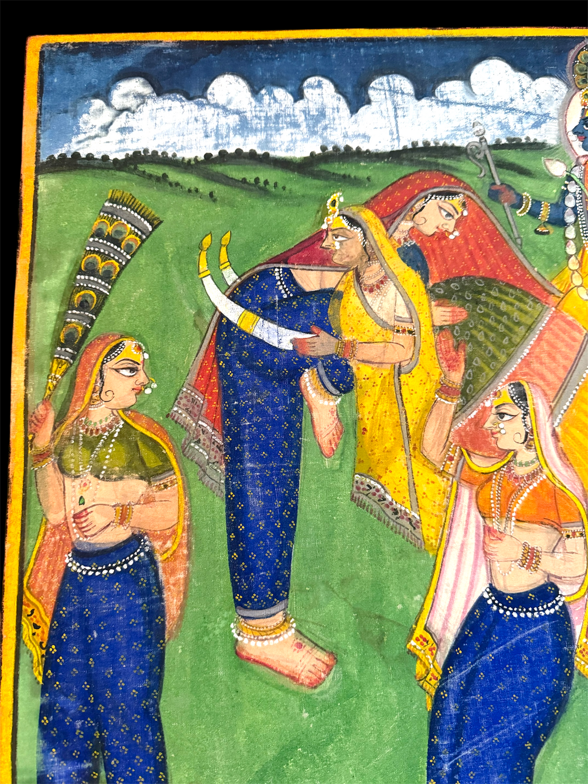 Antique Pichwai Painting of Krishna and the the Nari Kunjar and Gopis. Circa 1900.&nbsp; Hand painted on stiffened cotton cloth with stone ground natural pigments.