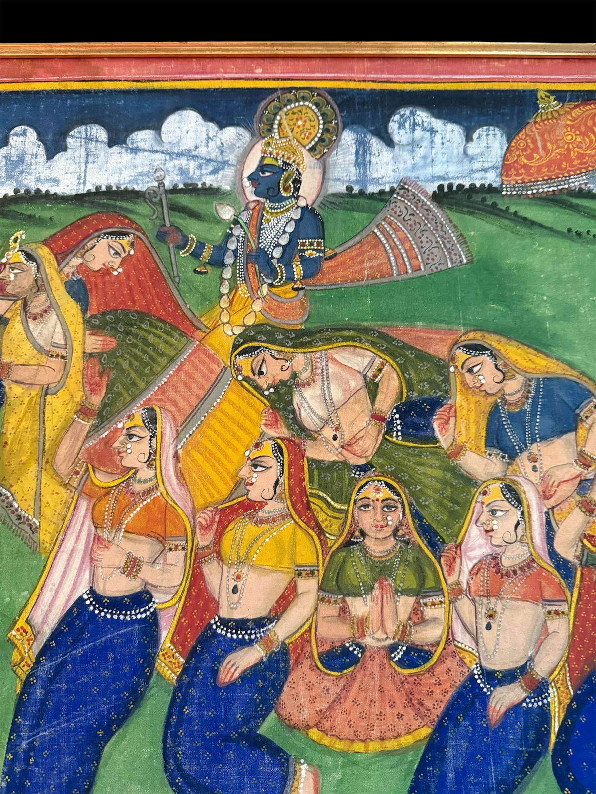 Antique Pichwai Painting of Krishna and the the Nari Kunjar and Gopis. Circa 1900.&nbsp; Hand painted on stiffened cotton cloth with stone ground natural pigments.