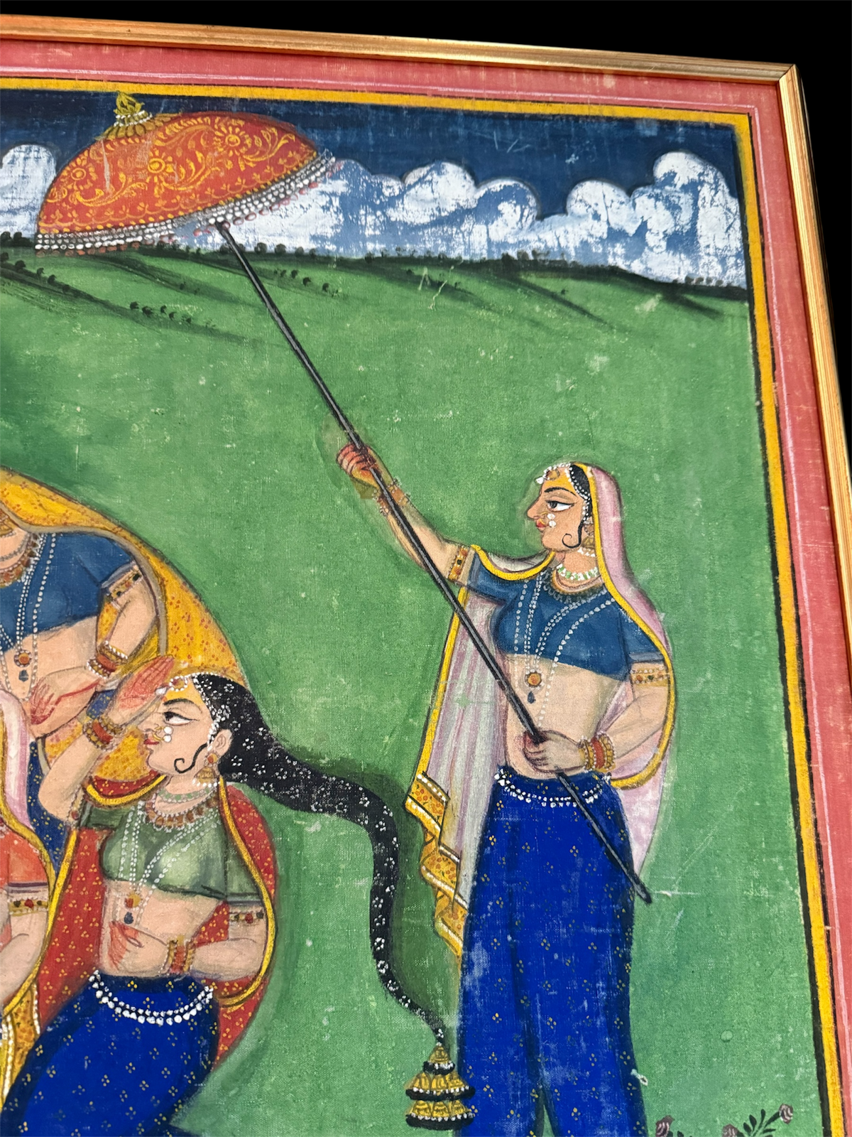 Antique Pichwai Painting of Krishna and the the Nari Kunjar and Gopis. Circa 1900.&nbsp; Hand painted on stiffened cotton cloth with stone ground natural pigments.