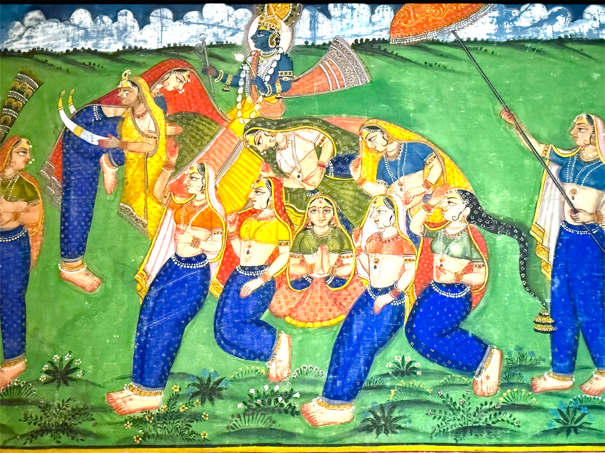 Antique Pichwai Painting of Krishna and the the Nari Kunjar and Gopis. Circa 1900.&nbsp; Hand painted on stiffened cotton cloth with stone ground natural pigments.