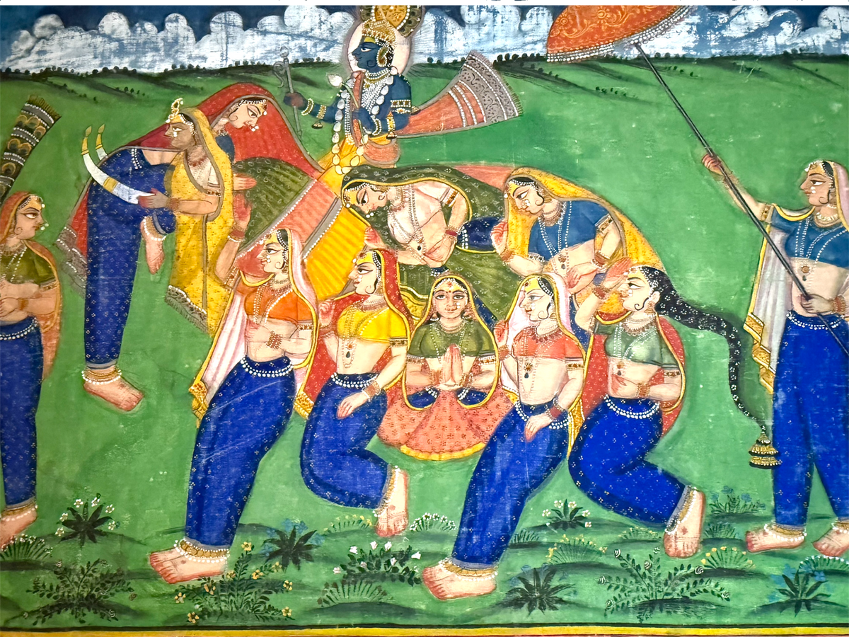 Antique Pichwai Painting of Krishna and the the Nari Kunjar and Gopis. Circa 1900.&nbsp; Hand painted on stiffened cotton cloth with stone ground natural pigments.