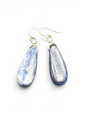 Simple kyanite earrings, featuring stones cut in a flat teardrop shape. Sterling silver hooks complete the look. Length including hook 4.5 cm