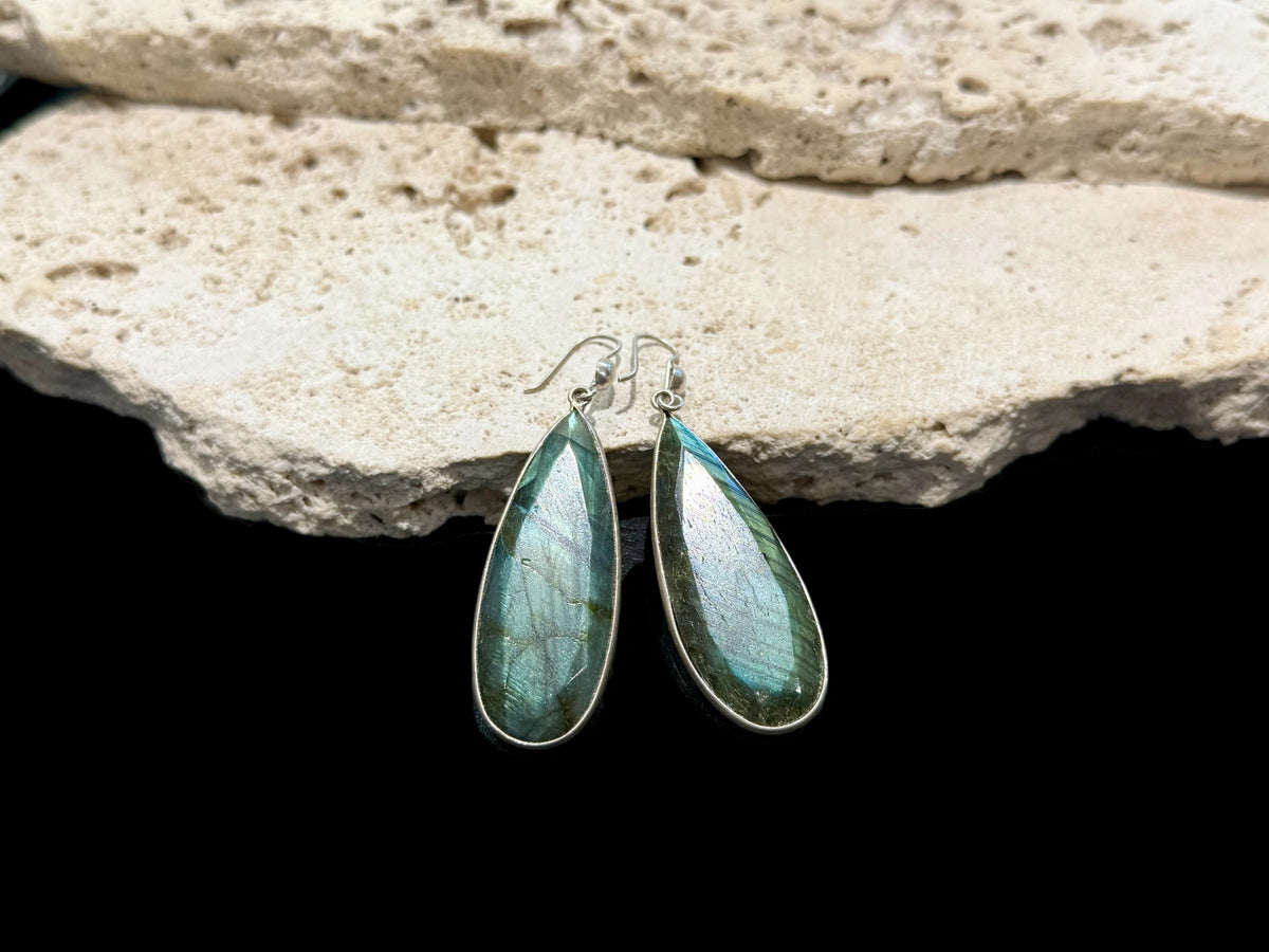 Elegant long teardrop labradorite earrings,. Sterling silver hooks. Length including hook 6 cm, width 1.6 cm