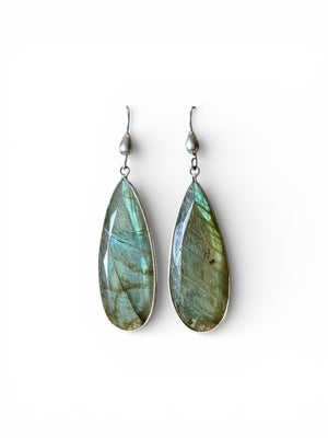 Elegant long teardrop labradorite earrings,. Sterling silver hooks. Length including hook 6 cm, width 1.6 cm