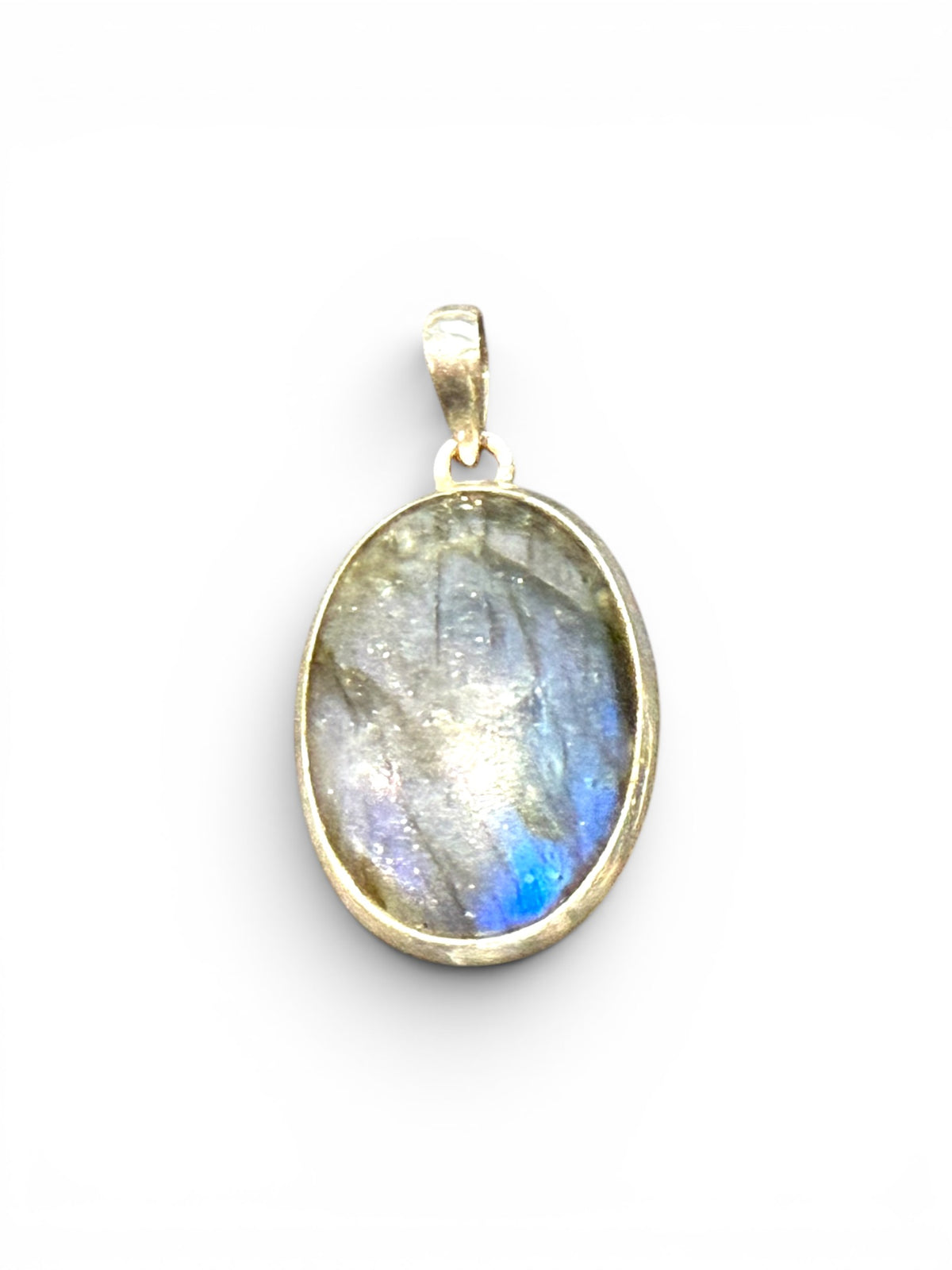 Large flat oval clear labradorite pendant set in sterling silver with a generous bail to take a large chain or cord. Length including bail 4.3 cm, width 2.3 cm