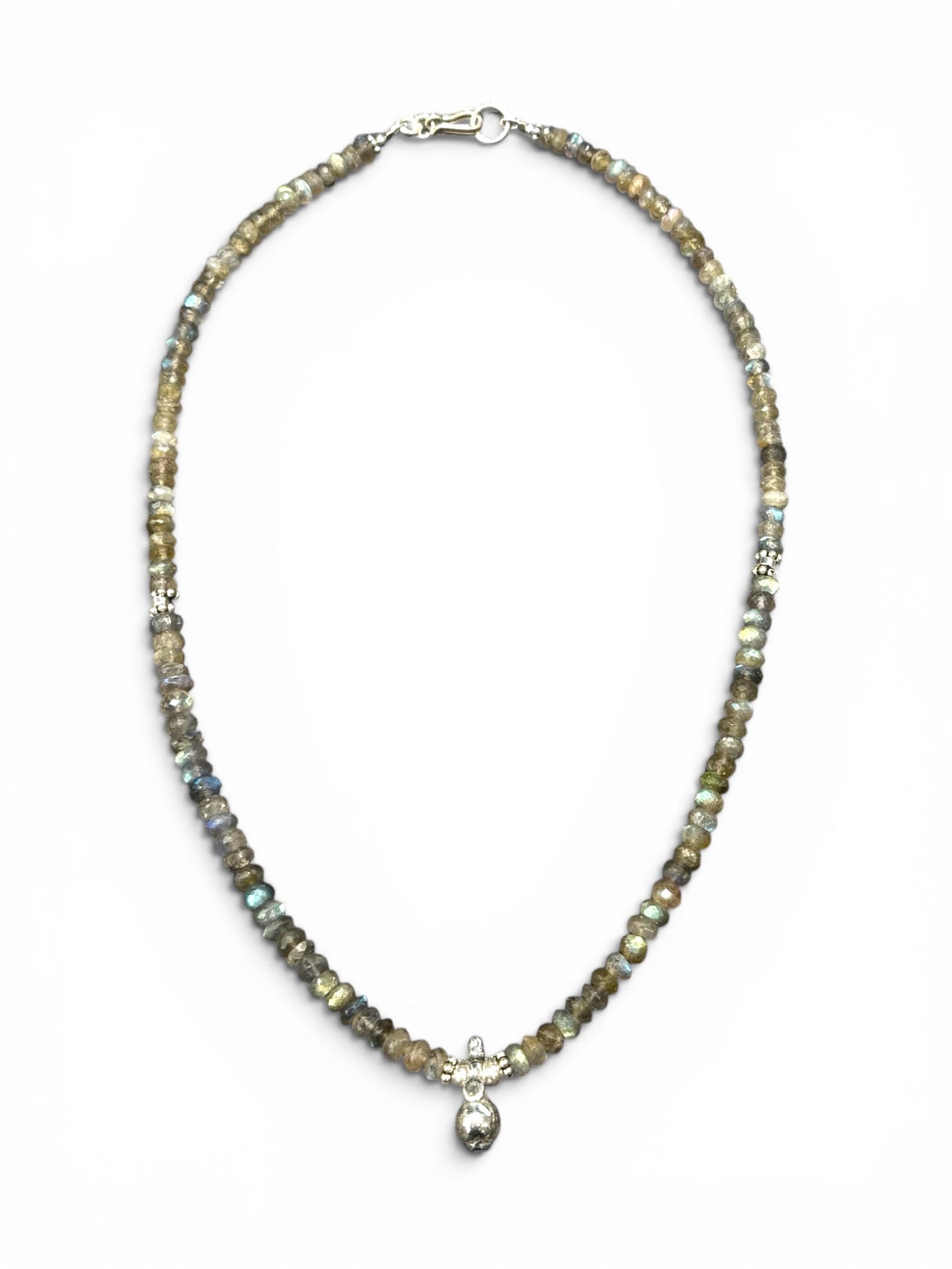 Faceted labradorite rondels, sterling silver detailing and a solid silver pendant, sterling silver hook clasp. Length: 44 cm