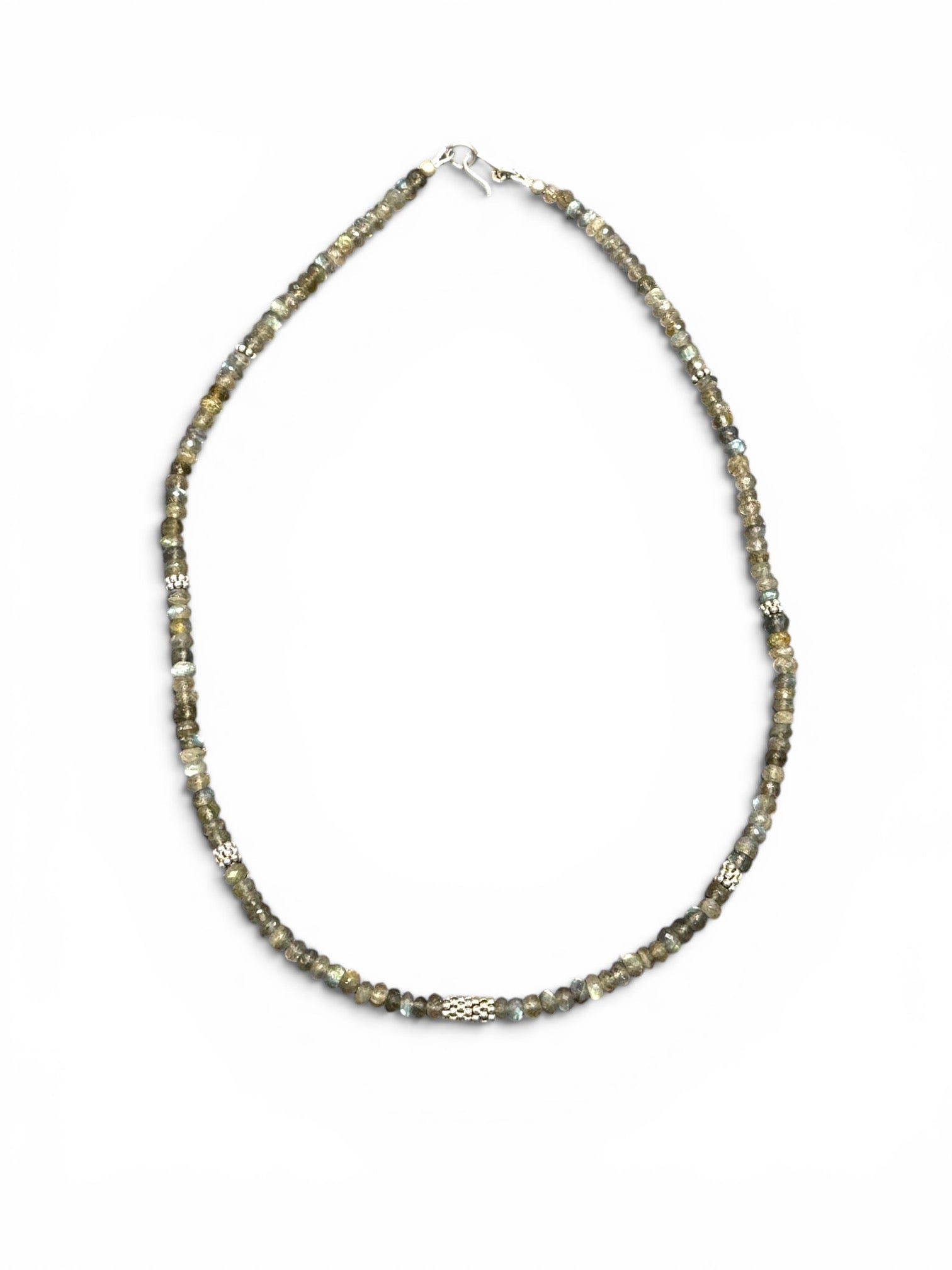 A lovely short necklace of faceted labradorite rondels highlighted with sterling silver and finished with a sterling silver hook clasp, length 46.5 cm