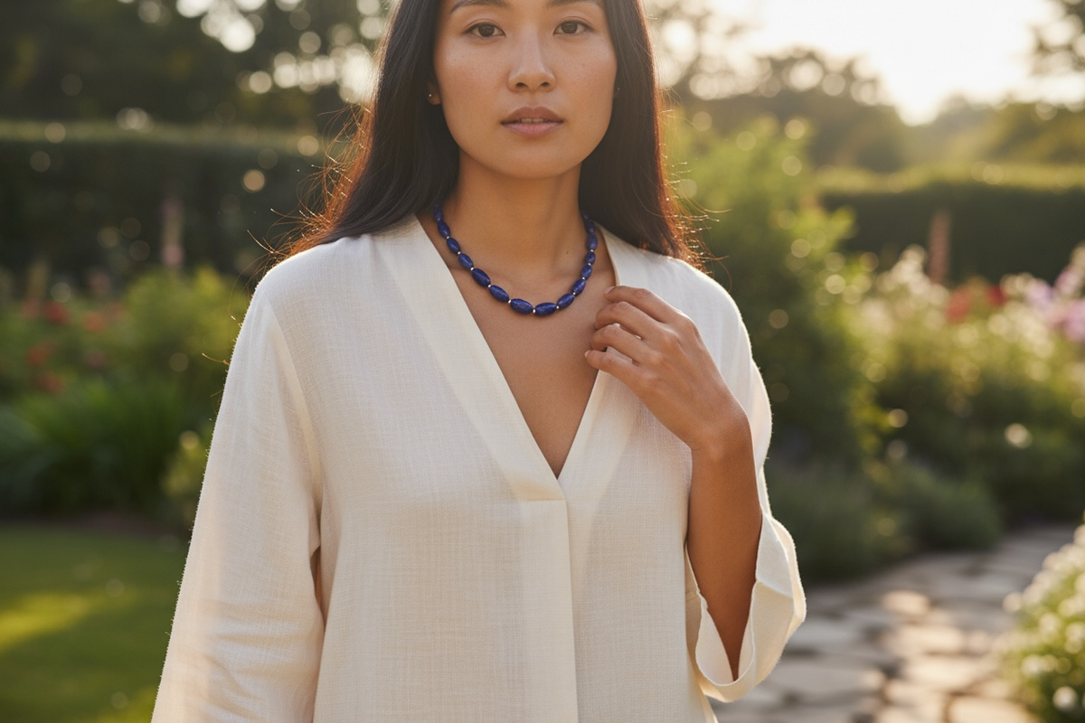 Simple and elegant, this longer length necklace is made from deep blue, AAA grade Afghan lapis lazuli and sterling silver beads, finished with sterling silver findings. Measurements: Length 48 cm (19")