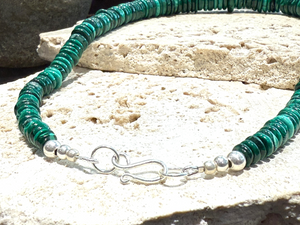 Malachite heshi bead graduated necklace with sterling silver hook clasp, 47 cm (18.5") length