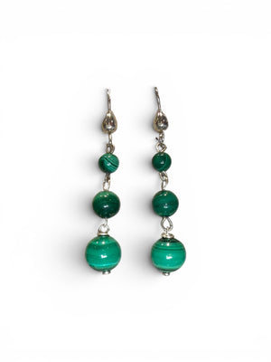 Malachite ball earrings. Finished with elegant sterling silver hooks and detailing. Length 4.7 cm including hook, largest bead 8 mm diameter