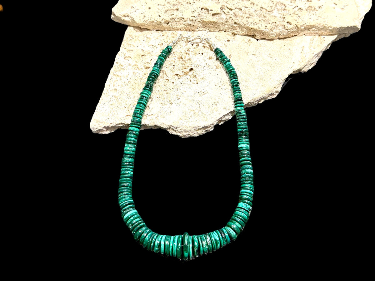 Malachite heshi bead graduated necklace with sterling silver hook clasp, 47 cm (18.5") length