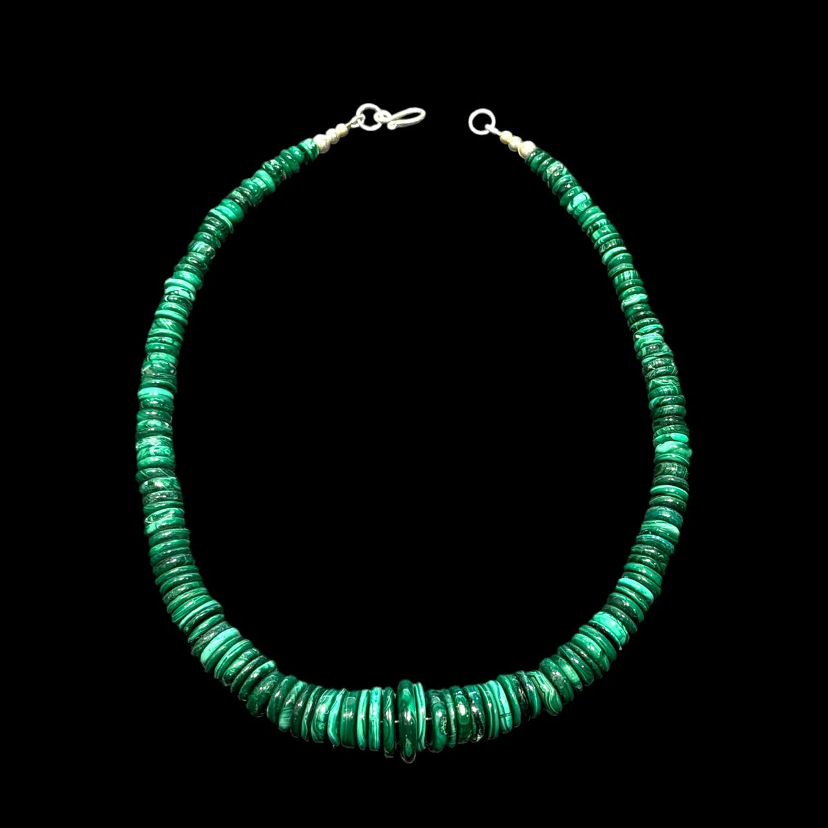Malachite heshi bead graduated necklace with sterling silver hook clasp, 47 cm (18.5") length