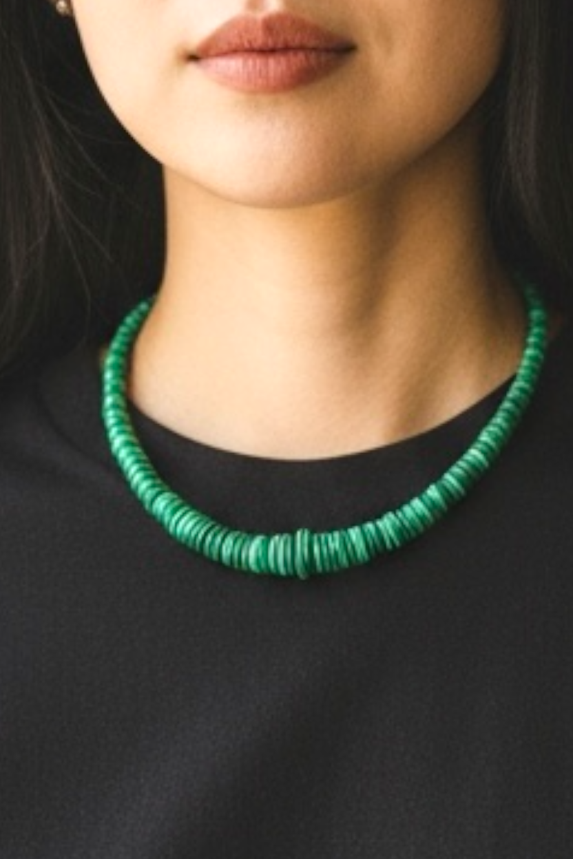Ai gnerated model shot. Malachite heshi bead graduated necklace with sterling silver hook clasp, 47 cm (18.5") length