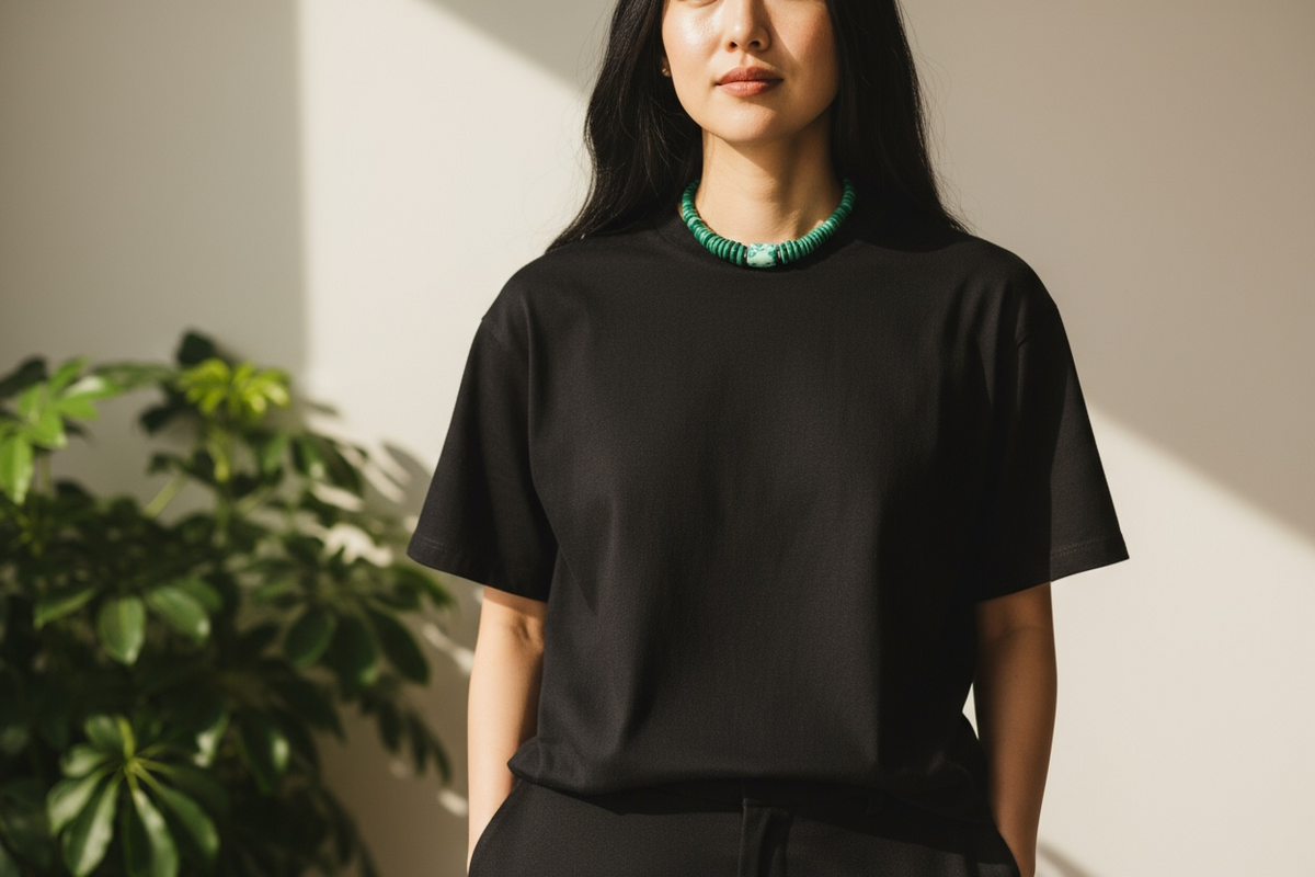 Unique choker of graduated heshi beads that showcase a stunning turquoise and malachite centrepiece. Sterling silver bead detailing and clasp. Length 40 cm